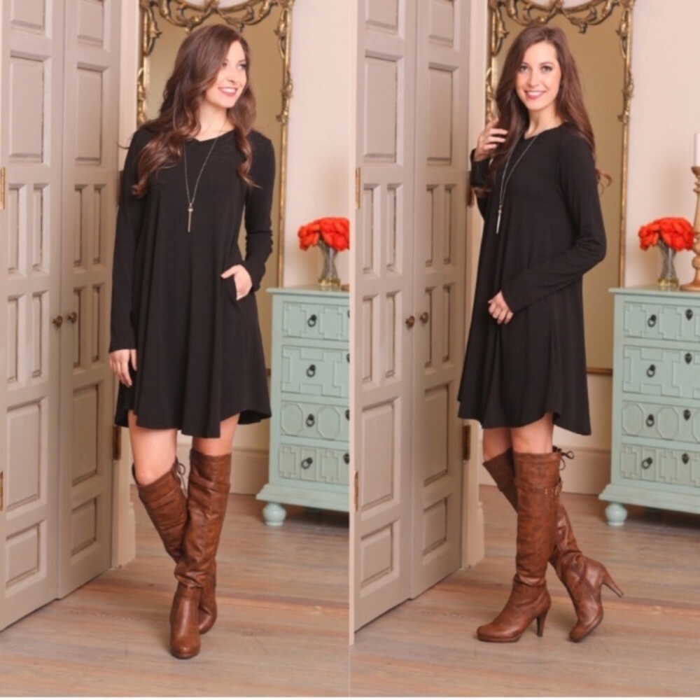 Small Black long sleeve swing dress with pockets